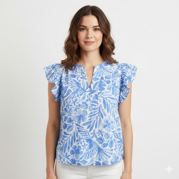 crown & ivy Tops - Crown & Ivy Blue White Floral Print Flutter Sleeve Cotton Blouse Size M